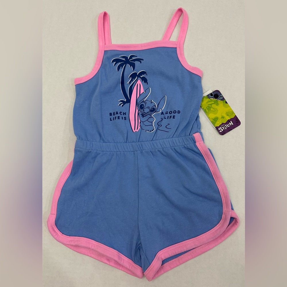 Stitch Girls Sleeveless Blue & Pink Stitch Surf Romper Size XS 4/5 NWT
